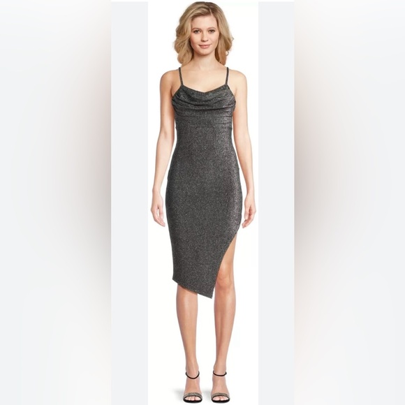 Madden NYC Slate Gray Sparkle Asymmetrical Dress Size Medium (7-9) - Picture 11 of 11